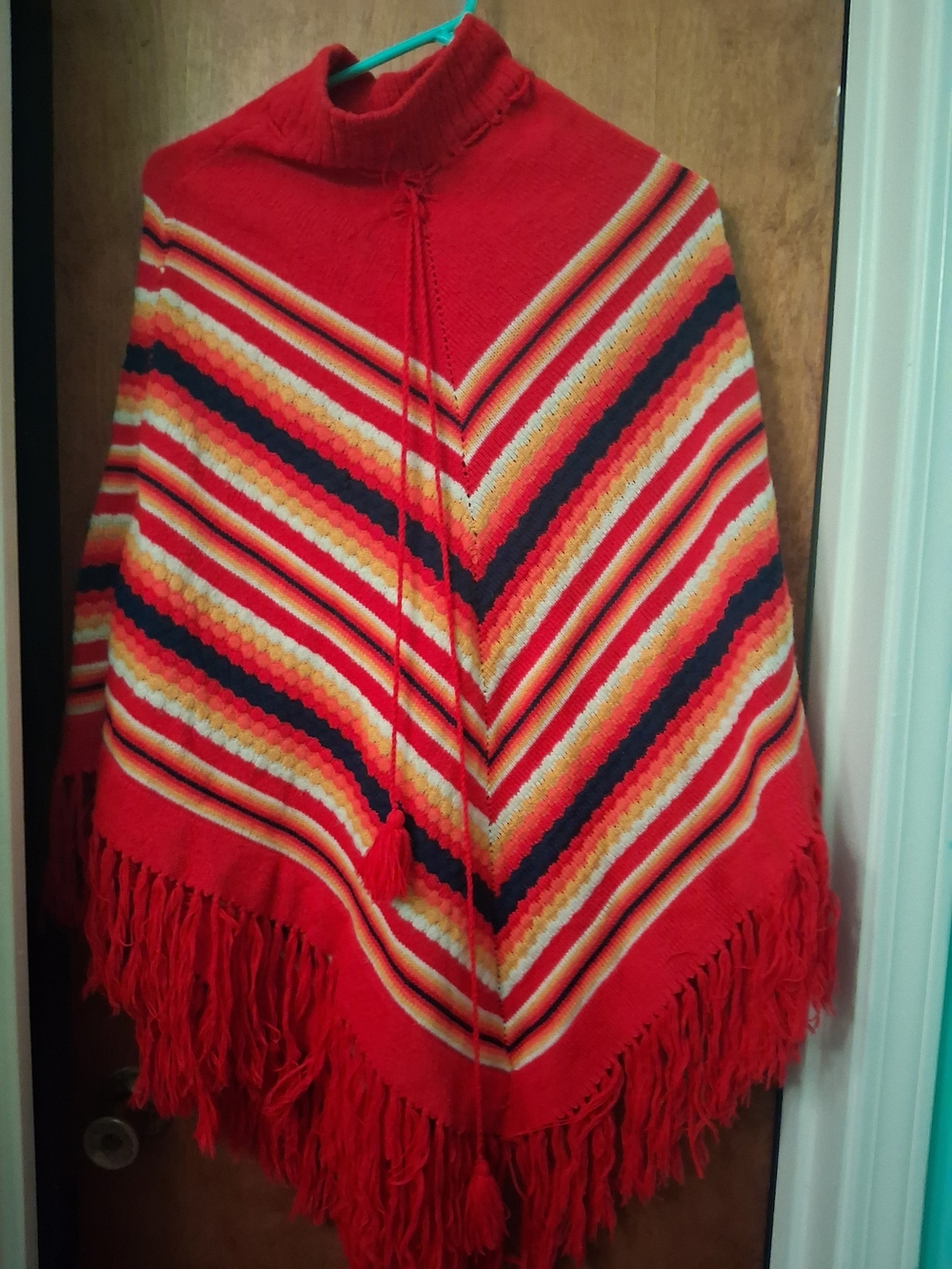 Red Striped Fringe Poncho Sweater